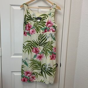 Puanani Hawaii RJC Tropical Dress Small Green Pink White Plumerias Scoop Neck